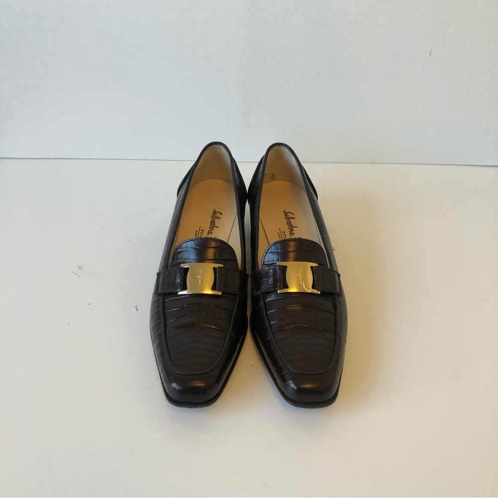 Salvatore Ferragamo Mock Crocodile Dark Brown Leather Loafers Shoes Size 7.5 AA